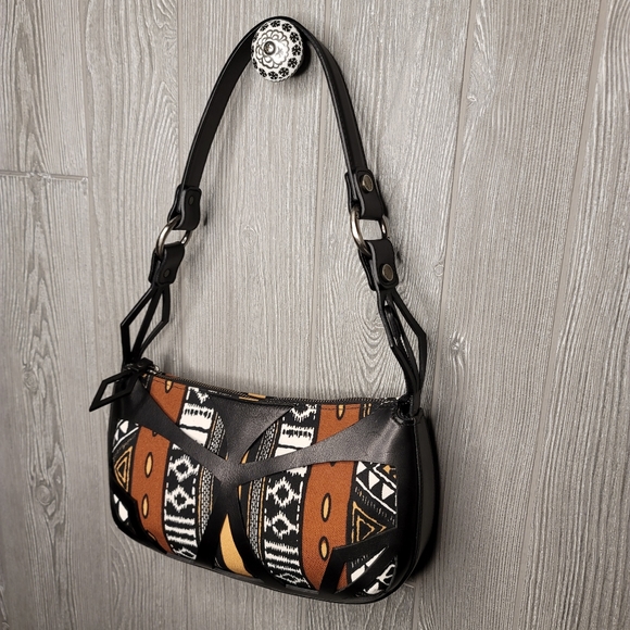 Casadei NWOT brown and black geometric pattern fabric shoulderbag. - Picture 9 of 9